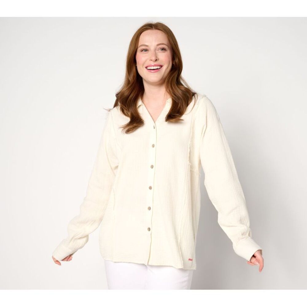 Revers-A-Brella Women's Top Plus Sz 1X Boheme Gauze Button Front White A673168